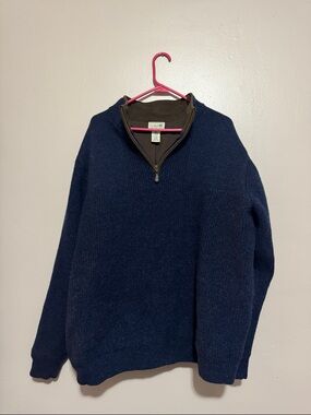 L.L. Bean Men's Navy Zip-Neck Sweater with Brown Trim